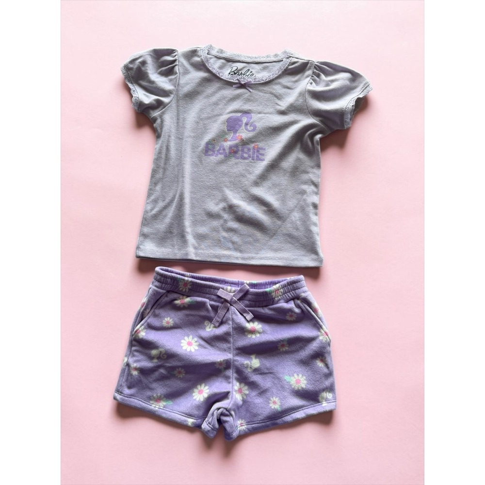 Barbie Girls 2 Piece Pajama Set Purple Lace Trim Top Floral Swan Shorts 3T